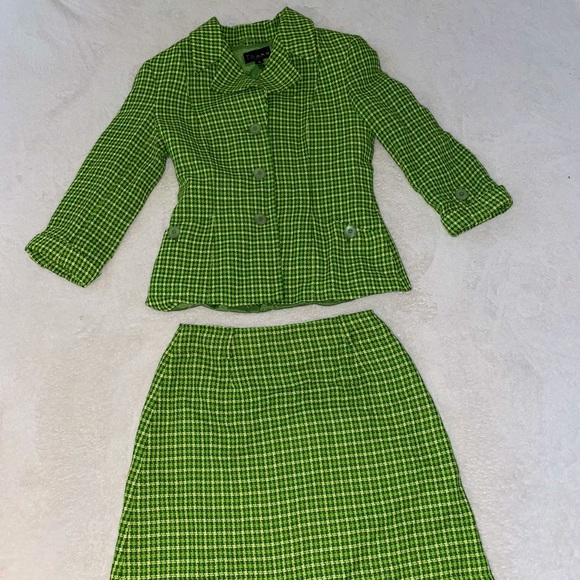 Vintage 2 Piece Green Plaid Skirt Suit Set